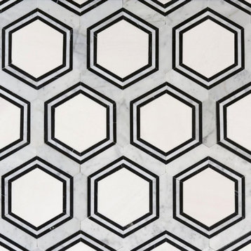 Black And White Hexagon 14X16 Waterjet Mosaic, 5 Sheets