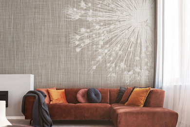 Inspiration for a huge contemporary open concept wallpaper family room remodel in Other with multicolored walls