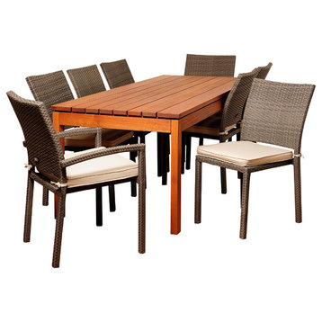 Marchello 9-Piece Eucalyptus and Wicker Patio Dining Set With Off-White Cushions