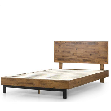 Rustic Platform Bed, Pine Wood Construction and Non Slip Tape, Brown, Queen