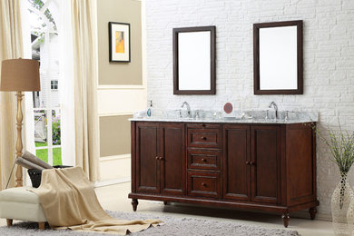 Inspiration for a mid-sized transitional bathroom remodel in Chicago with furniture-like cabinets, dark wood cabinets, an undermount sink and marble countertops