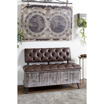 Rustic Storage Bench, Unique Design With Tufted Brown Faux Leather Seat and Back