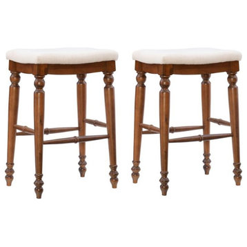 Home Square 2 Piece 30" Backless Upholstered Wood Bar Stool Set in Brown