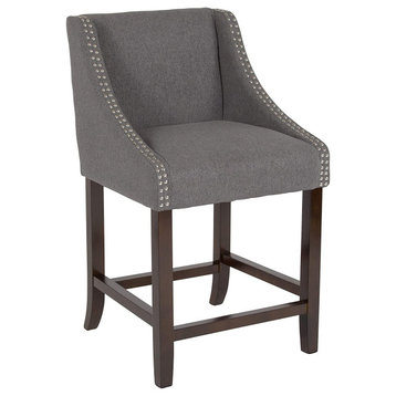 Contemporary Counter Stool, Slopped Arms and Nailhead Trim, Dark Grey Fabric
