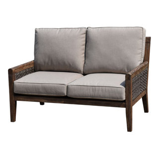 Courtyard Casual Bermuda FSC Teak 4 Piece Seating Set with Sofa, Coffee Table and 2 Club Chairs - Taupe