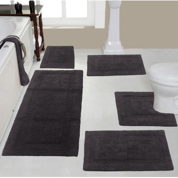 Classy Bath Rugs Set, Machine Wash, 5-Piece Set With Contour, Gray