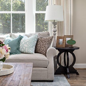 Mirrored TV Concealer on Gray Fireplace Family Room