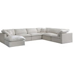 Meridian Furniture - Plush Velvet / Down Standard Comfort 7-Piece U-Shaped Modular Sectional, Cream - No matter how big or little the size of your gang, they can all find their sweet spot when you choose pieces from the Plush collection to build your ideal seating group. Choose this seven-piece set or pair multiple pieces together to get the custom look everyone will love. The soft cream velvet material is soft and welcoming to the touch, and the set's cushions are overstuffed with a down and feather blend to provide ample support for tired bodies.