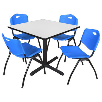 Regency Cain 42 in. Square Breakroom Table- White & 4 M Stack Chairs- Blue