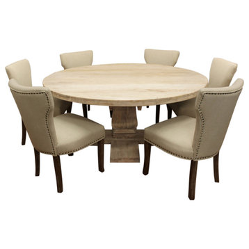 Benedict 7-Piece Dining Set, 70" Round Dining Table And 6 Ivory Linen Chairs