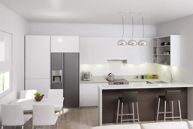 Inspiration for a small modern l-shaped light wood floor eat-in kitchen remodel in Other with an undermount sink, flat-panel cabinets, white cabinets, granite countertops, white backsplash, cement tile backsplash, stainless steel appliances and a peninsula