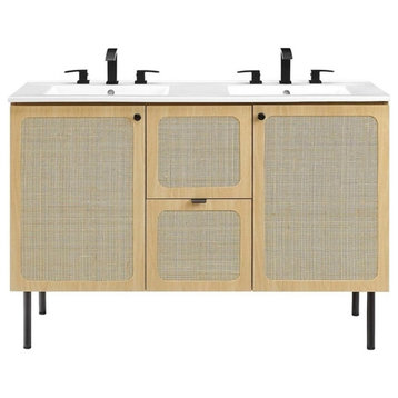 Modway Chaucer 48" Double Sink Wood & Metal Bathroom Vanity in Oak and White