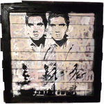 Matt Pecson Art - Pop Art Andy Warhol Elvis Presley Large Wood Wall Art, 40"x40" - This is a modern wood wall art painting of Elvis Presley on reclaimed wood pallet boards. An homage to Andy Warhol's "Double Elvis" screenprint by artist Matt Pecson. An original wall hanging for your home. This is a custom piece of artwork, similar to the one pictured, and is made to order. The pallet boards will vary based on availability. It won't exactly match the ones pictured, but instead will be a one of a kind piece of artwork.