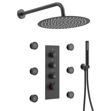 Luxury Thermostatic Complete Shower System With Rough-in Valve, Matte Black