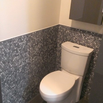 MASTER BATHROOM - Large Wave Tile Shower / Penny Tile Wainscot / Ikea Cabinets