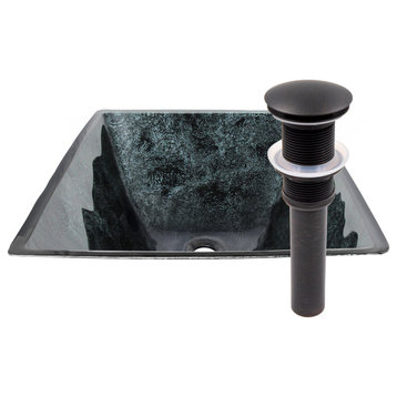 Novatto Corvo Black & Silver Hand-Foiled Square Glass Vessel Bath Sink and Drain, Oil Rubbed Bronze