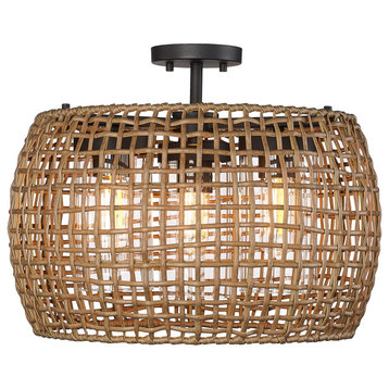 Golden Lighting Piper 3-Light Outdoor Semi-Flush in Black with Maple Wicker