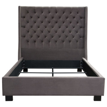Queen Tufted Bed With Vintage Wing, Smoke Gray Velvet