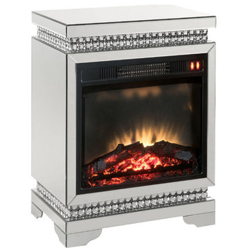 Benzara BM250304 Electric Fireplace, Mirror Panel Framing/Faux Diamonds Silver