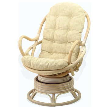 Java Lounge Swivel Rocking Chair Rattan Wicker, White Wash, Cream Cushion