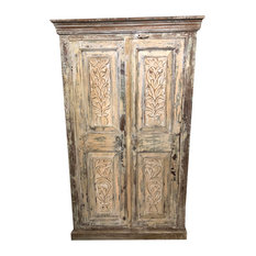 Mogul Interior - Consigned Antique Rustic Cabinet Farmhouse Peach Original Floral Rustic Storage - Armoires and Wardrobes