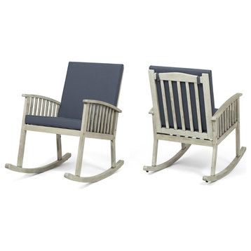 Audrey Outdoor Acacia Wood Rocking Chairs, Set of 2, Light Gray Finish, Dark Gra