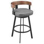 Armen Living - Idris Swivel Stool, Black/Walnut Finish & Gray Faux Leather, Bar, 30" - Upgrade your space with the sleek style and charm of the Idris Swivel Counter or Bar Height Stool in Faux Leather and Black Iron by Armen Living. Inspired by mid-century modern design principles, this barstool offers an elevated appearance and exceptional comfort. A refined barrel back envelopes your body, and the thick, high-density cushion offers extraordinary support. The generously padded seat is wrapped with luxurious faux leather to offer a premium seating experience. Perched upon tapered metal legs, our barstool ensures strength and long-lasting enjoyment anywhere from your kitchen to your home office. It lends a sophisticated touch to your kitchen island, pub table, home bar, or adjustable desk. The stool includes a built-in circular footrest, and its smooth, 360-degree swivel function enables you to change direction with ease and engage with everyone around you. The Idris Swivel Counter and Bar Height Stool is available in Black Iron and classic Walnut accent with your choice Vintage Gray or Vintage Black faux leather upholstery, providing versatile options to perfectly complement your home decor.