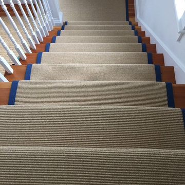 Beige Wool Stair Runner with Royal Blue Wide Binding