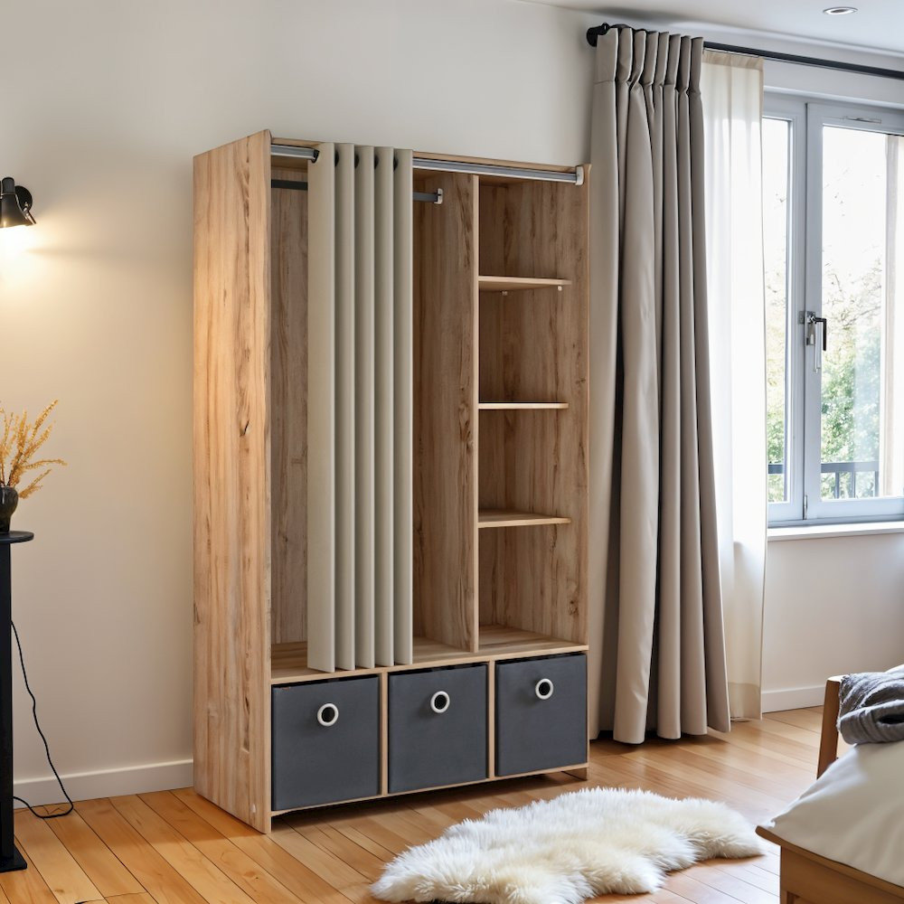 Brown Wardrobe Closet with Curtain - Compact Small Closet for Clothes ...