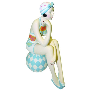 Retro Bathing Beauty Figurine Statue, Swim Suit Beach Ball Pastel Blue Harlequin