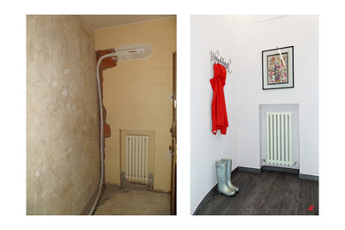 他の地域にある低価格の小さなコンテンポラリースタイルのおしゃれな玄関ロビー (磁器タイルの床、グレーの床) の写真