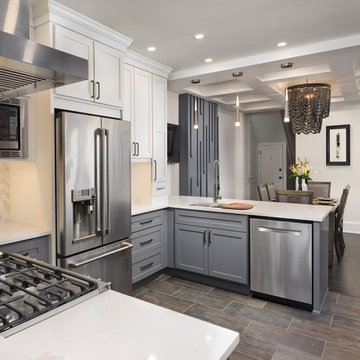 Modern Transitional Two-Tone Kitchen Remodel | White & Gray Cabinets, Brick
