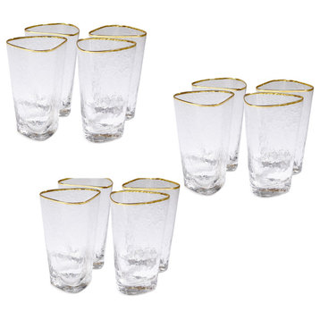 Elegant Hammered Art Drinking Glass Set of 12 Highball Gold Rim Modern Asymmetri