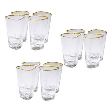 Elegant Hammered Art Drinking Glass Set of 12 Highball Gold Rim Modern Asymmetri