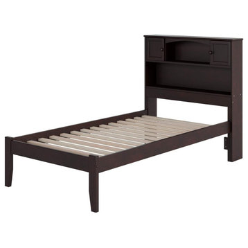 Twin Platform Bed, Wooden Headboard With Cabinets and Open Shelf, Espresso