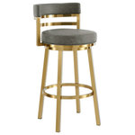 Armen Living - Madrid 26" Swivel Counter Stool, Gold Brushed Stainless Steel and Faux Leather, Gray, 30 Inch - Glam up your space with our sleek and charming Madrid Swivel Counter or Bar Height Stool in Metal and Faux Leather by Armen Living. The streamlined silhouette and elegant mixed materials of our barstool offer eye-catching style and comfort. Its curved and padded backrest provides comfortable support, while the round seat is upholstered with faux leather, for a smooth and chic look. Faux leather is stain, scratch, and water-resistant for easy care and maintenance. This barstool delivers a modern and minimalism aesthetic with the streamlined base and smooth, round seat. Its upholstered low back provides exceptional ergonomic support and comfort anywhere from your kitchen to your home office. The Madrid barstool exquisitely suits your kitchen island, pub table, home bar, or adjustable desk with its simple, armless design and smooth gliding 360-degree swivel function that allows for maximum mobility and convenience in tight spaces. The Madrid's legs are tipped with floor protectors, ensuring that the bar stool will not slip on or scratch hardwood or tile floors, making this a durable bar stool that will last for many years to come. The built-in circular footrest and cushions constructed from high-density foam and wrapped in soft faux leather upholstery will keep you comfortably seated for hours on end. The Madrid Swivel Counter or Bar Height Stool is available in: Gold Brushed Stainless Steel with Vintage Coffee, White, or Vintage Gray faux leather, or Brushed Stainless Steel with Red, Blue, Gray, White, or Black faux leather to elevate any corner of your home.