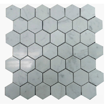 Polished Bianco Carrara Hexagon Mosaic Tile, 10 Sheets