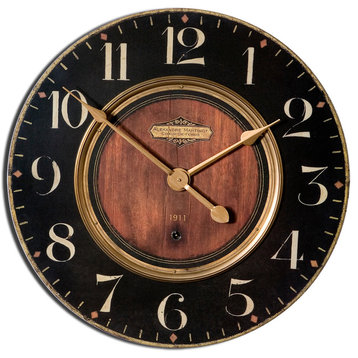 Luxe Dark Classic Brass Wall Clock Wood Look 23" , Retro Vintage Style Round