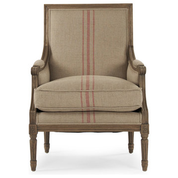 Louis Club Chair, English Khaki Linen With Red Stripe
