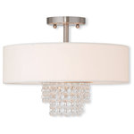 Livex Lighting - Ceiling Mount With Clear Crystals and Off-White Fabric, Brushed Nickel - A contemporary style semi flush mount from the Carlisle collection. The design features a brushed nickel housing and canopy, with hanging strands of beautiful clear crystal. A hand crafted off white fabric hardback drum shade surrounds the crystals and fixture frame, and creates a magnificently sophisticated look.