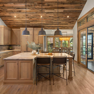 Antique Skim Oak Ceiling Paneling in a Rustic Moder Farmhouse Kitchen