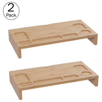 2-Pack Bamboo Monitor Riser Set Wooden Laptop Stand and PC Computer Shelf Set