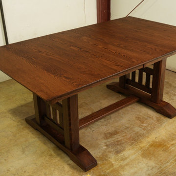 Solid Oak Mission-Style Trestle Dining Table — Full Stain and Finish Application