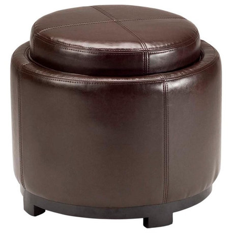 Safavieh Chelsea Round Tray Ottoman, Brown Leather