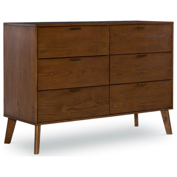 Retro Modern Double Dresser, 6 Storage Drawers With Bronze Pulls, Medium Brown
