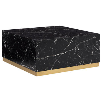 Bamford Faux Marble Coffee Table with Casters - Black, Large Square