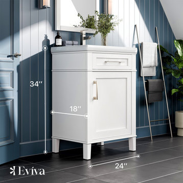Eviva Garci 24" White Transitional Bathroom Vanity With Porcelain Top