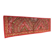 Mogul Interior - Consigned Indian and Sari Red Sequin Embroidered Tapestry - Table Runners