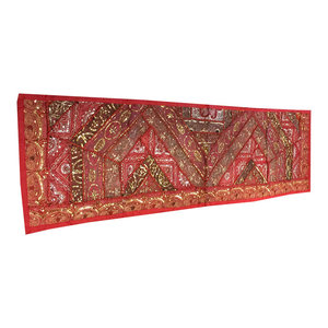 Mogul Interior - Consigned Indian and Sari Red Sequin Embroidered Tapestry - Table Runners