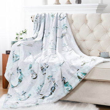 Beach Life Flannel Throw Blanket, Multi, 50"x60", White, 60"x80"